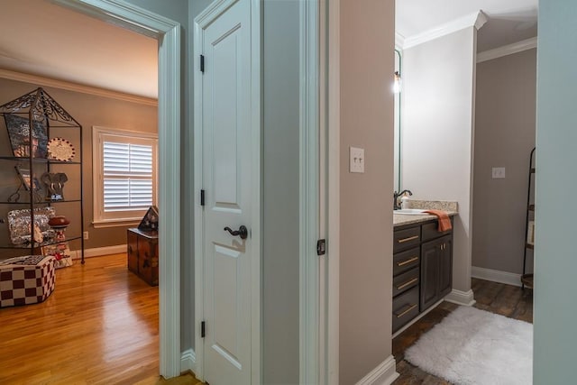 bathroom featuring vanity, hardwood / wood-style flooring, and crown molding