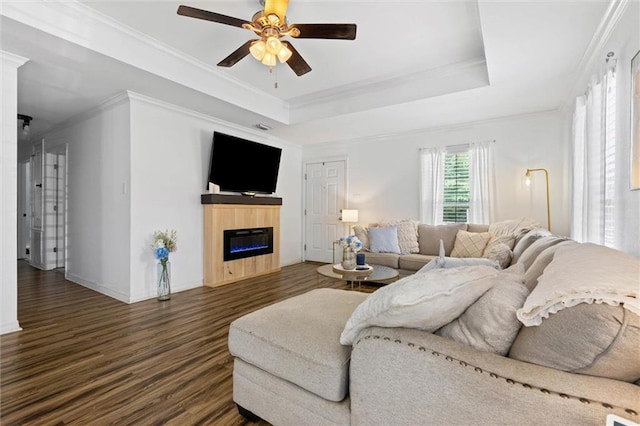 1411 Creola Axis Loop Rd, Axis, AL 36505 - living area with dark wood-style floors, a glass covered fireplace, ceiling fan, a tray ceiling, and ornamental molding