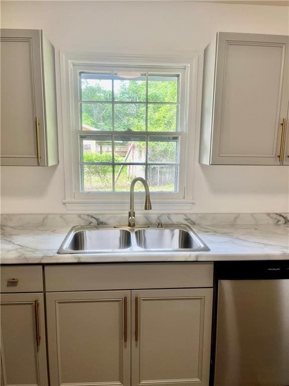3905 Charmaine Cir E, Mobile, AL 36605 - kitchen with stainless steel dishwasher, a sink, plenty of natural light, and gray cabinets