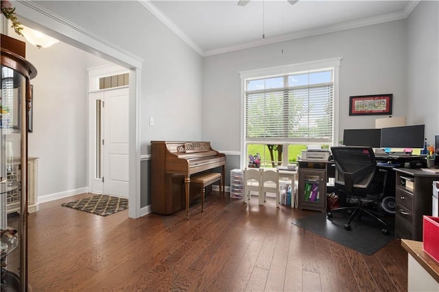 9486 Labrador Run N, Mobile, AL 36695 - office featuring hardwood / wood-style flooring, ornamental molding, ceiling fan, and baseboards