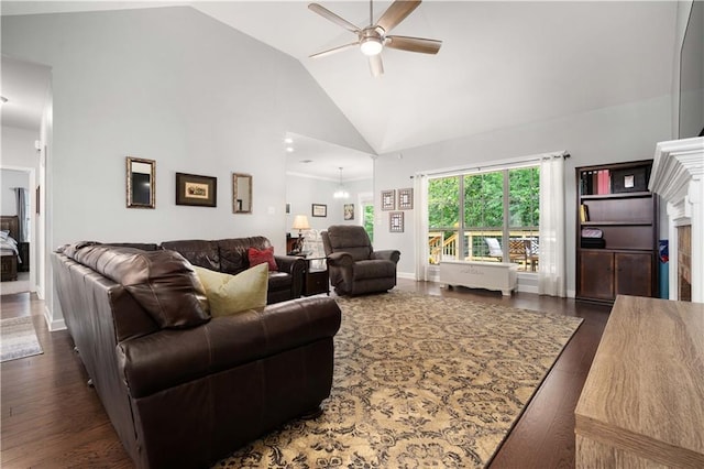 9486 Labrador Run N, Mobile, AL 36695 - living room with ceiling fan, wood finished floors, high vaulted ceiling, and baseboards