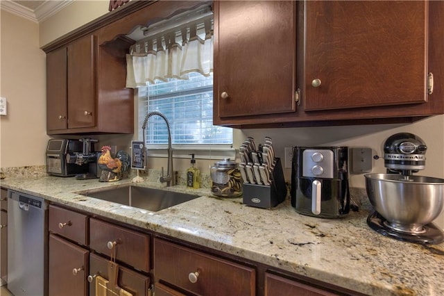 2647 Weems Dr, Mobile, AL 36607 - kitchen featuring dishwasher, ornamental molding, light stone countertops, and dark brown cabinetry