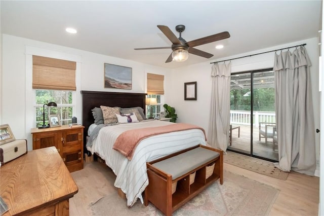 bedroom featuring light wood finished floors, recessed lighting, ceiling fan, and access to outside