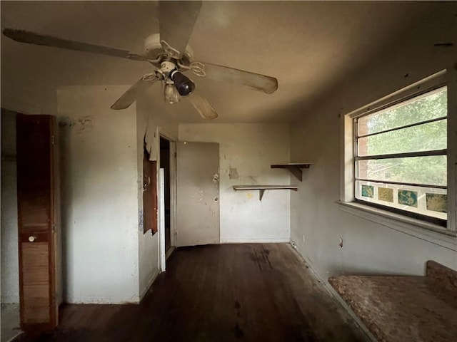 interior space with dark hardwood / wood-style flooring and ceiling fan