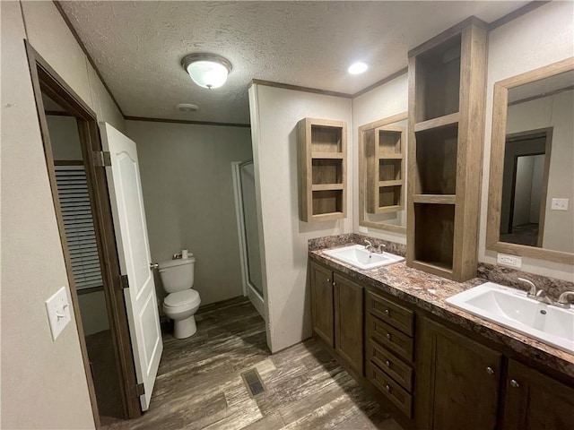 bathroom with vanity, wood-type flooring, a textured ceiling, a shower with shower door, and toilet