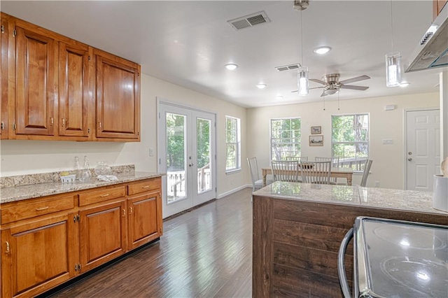 kitchen featuring pendant lighting, plenty of natural light, ceiling fan, and dark hardwood / wood-style floors