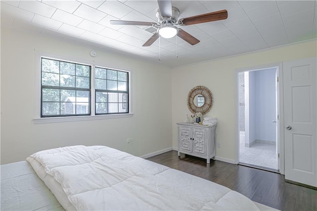 bedroom with ceiling fan and dark hardwood / wood-style flooring