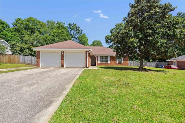 ranch-style home with a front lawn and a garage