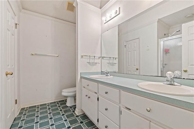 bathroom with dual bowl vanity, tile flooring, toilet, and crown molding