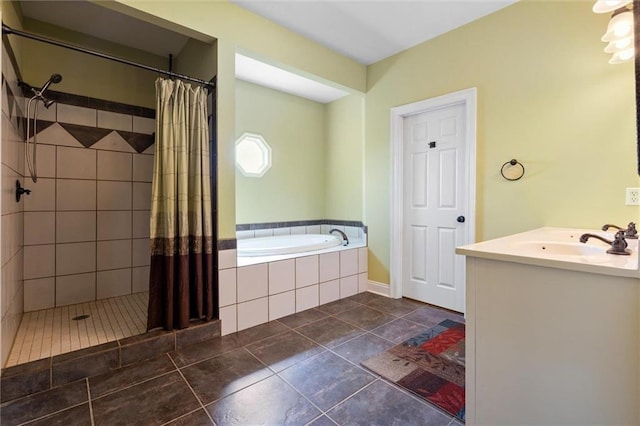 full bathroom with tile patterned flooring, a sink, a tile shower, and a bath