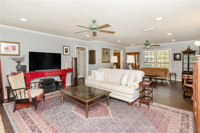 living room featuring crown molding, ceiling fan, baseboards, and recessed lighting
