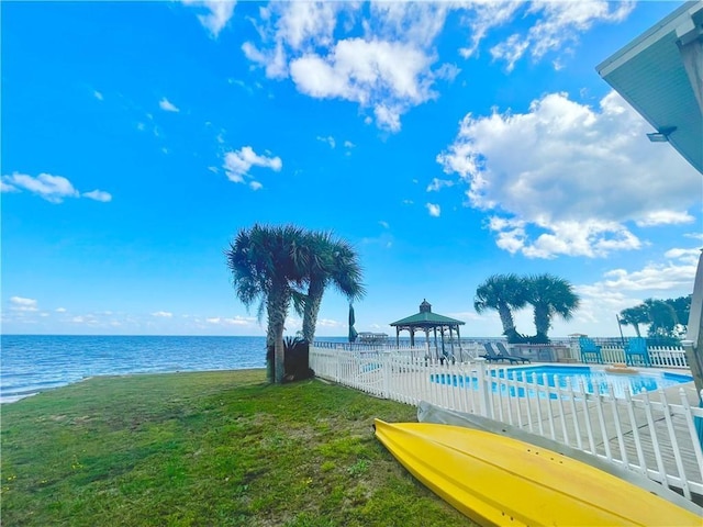 property view of water with a gazebo