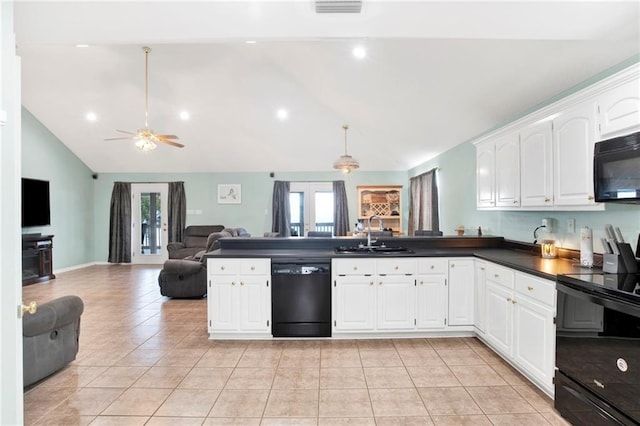 kitchen featuring white cabinetry, sink, ceiling fan, light tile patterned floors, and black appliances