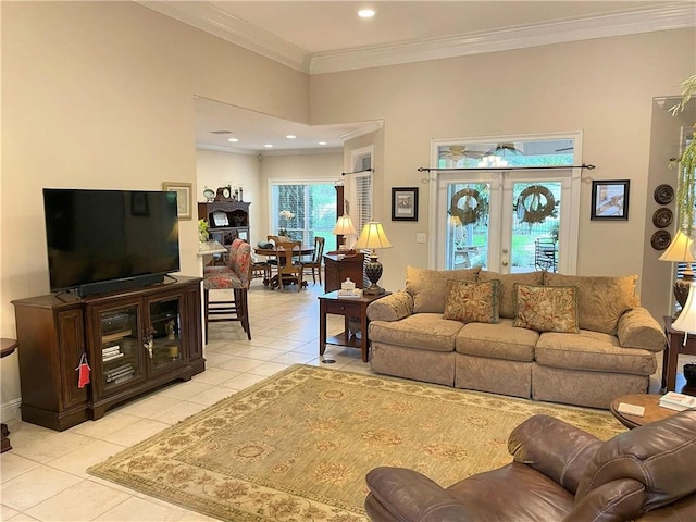 9849 Aspen Cir, Daphne, AL 36527 - living area featuring light tile patterned floors, crown molding, and recessed lighting