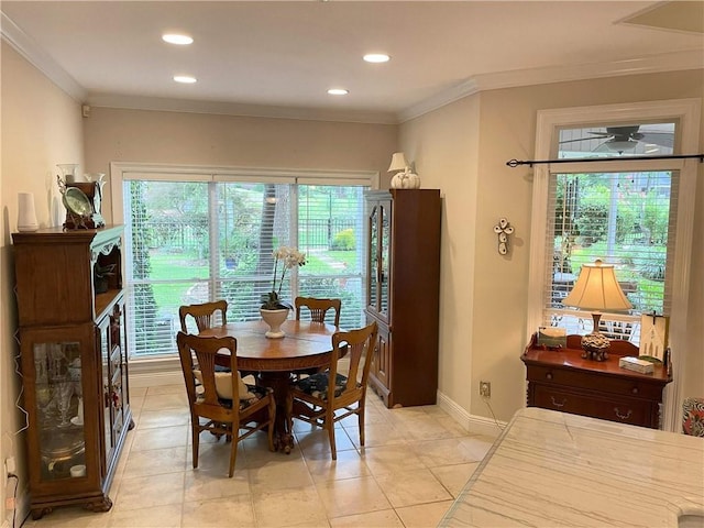 9849 Aspen Cir, Daphne, AL 36527 - dining area with recessed lighting, ornamental molding, and light tile patterned flooring