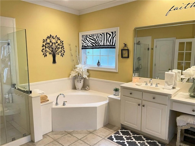 9849 Aspen Cir, Daphne, AL 36527 - full bathroom with a stall shower, vanity, a bath, ornamental molding, and tile patterned flooring
