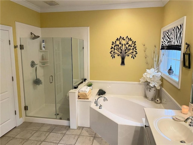 9849 Aspen Cir, Daphne, AL 36527 - bathroom featuring a stall shower, a bath, ornamental molding, and vanity