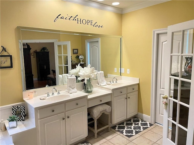 9849 Aspen Cir, Daphne, AL 36527 - bathroom featuring vanity, tile patterned floors, crown molding, and a bathtub
