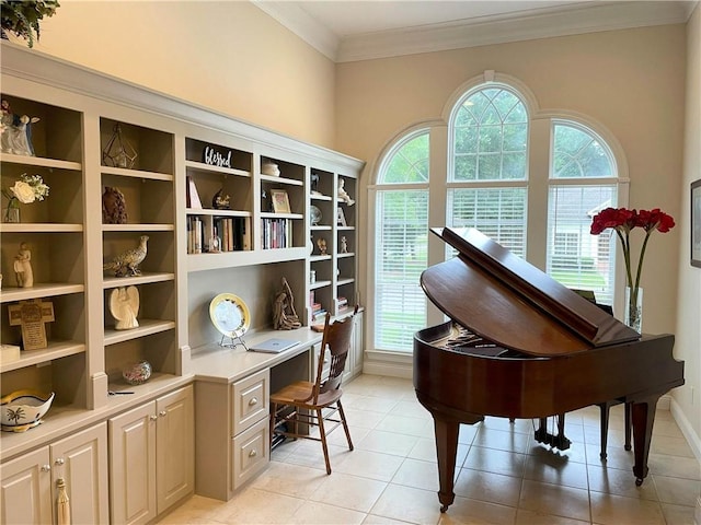 9849 Aspen Cir, Daphne, AL 36527 - sitting room featuring built in study area, plenty of natural light, crown molding, and light tile patterned floors