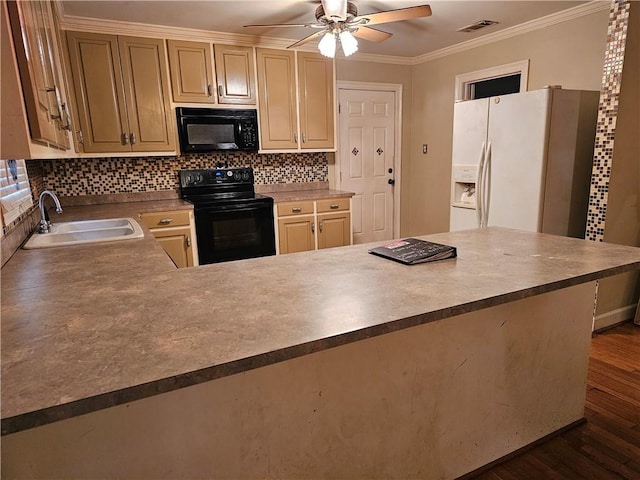 kitchen featuring black appliances, crown molding, sink, dark hardwood / wood-style floors, and ceiling fan