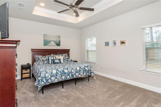 bedroom featuring a raised ceiling, multiple windows, ceiling fan, and carpet floors