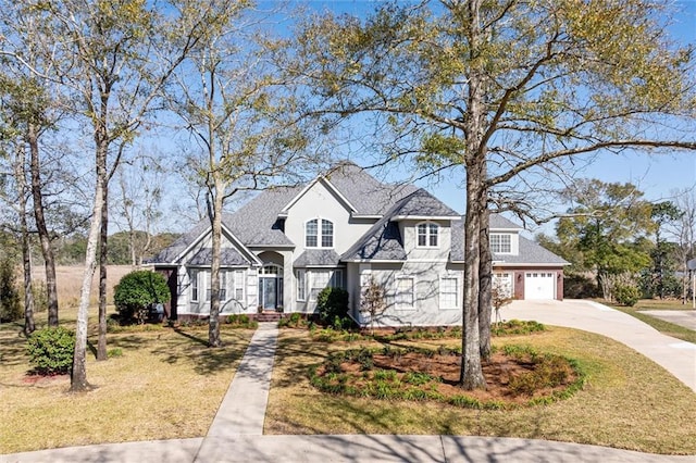 traditional home featuring concrete driveway, a front lawn, and a shingled roof