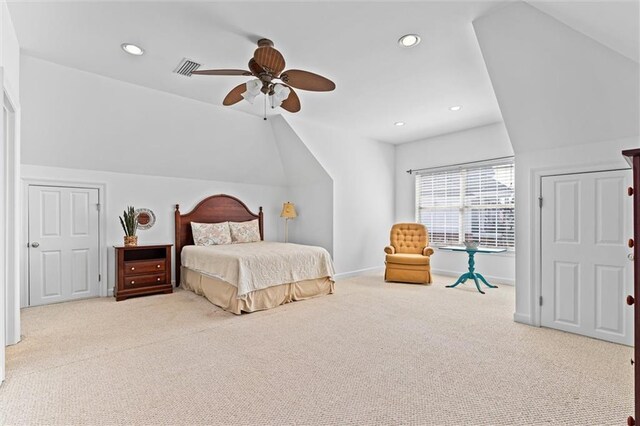 bedroom featuring lofted ceiling, a ceiling fan, recessed lighting, carpet, and baseboards