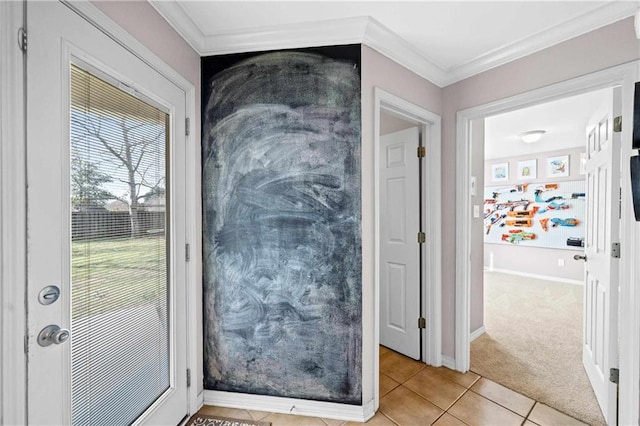 doorway featuring ornamental molding and light carpet