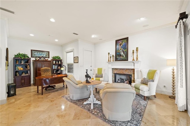 living room with ornamental molding, light tile flooring, and a high end fireplace