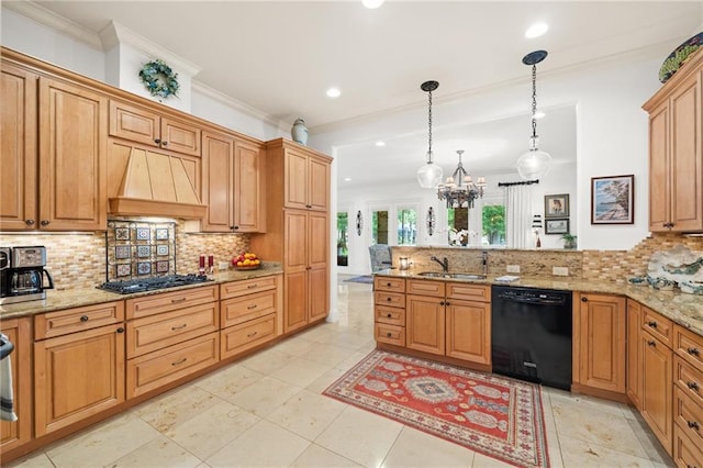 kitchen with sink, premium range hood, light tile floors, and black appliances