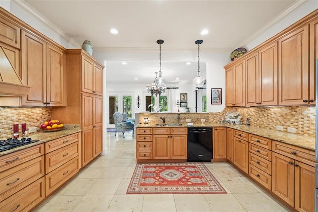 kitchen with crown molding, black appliances, backsplash, kitchen peninsula, and light tile floors