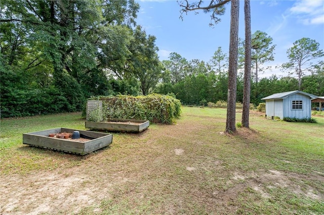 view of yard featuring a storage shed