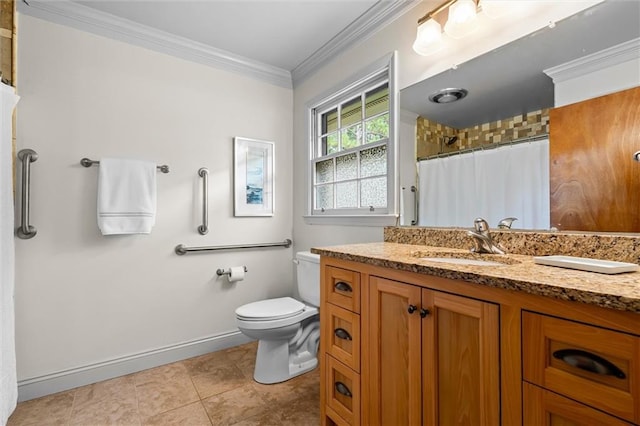 bathroom featuring curtained shower, vanity, crown molding, toilet, and tile patterned floors