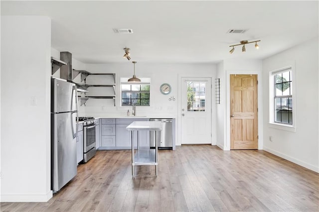 kitchen with sink, pendant lighting, gray cabinets, appliances with stainless steel finishes, and light wood-type flooring