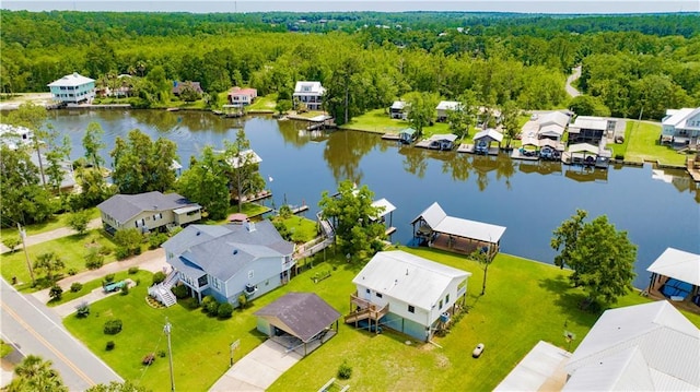 bird's eye view with a water view