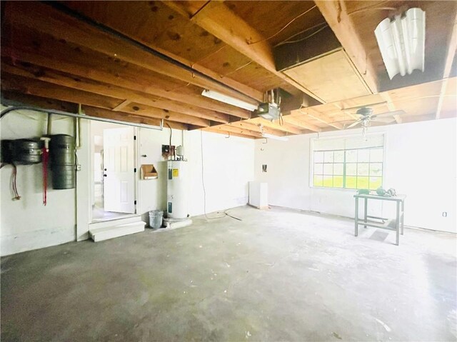 interior space with ceiling fan and water heater