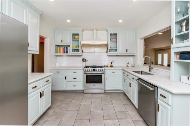 kitchen featuring sink, white cabinets, custom exhaust hood, and appliances with stainless steel finishes