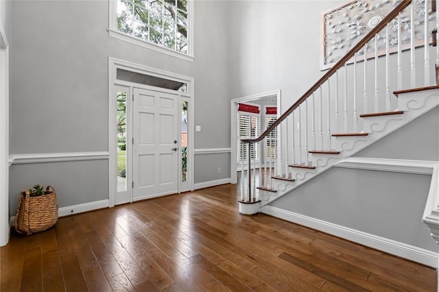 foyer entrance with a towering ceiling and wood-type flooring