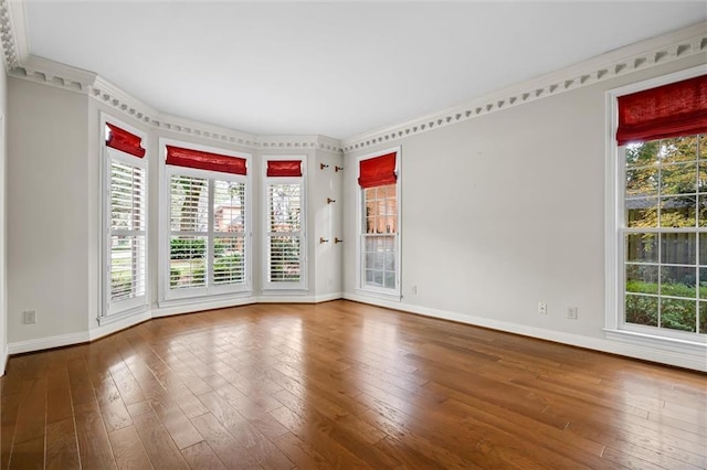 empty room featuring hardwood / wood-style flooring, plenty of natural light, and ornamental molding