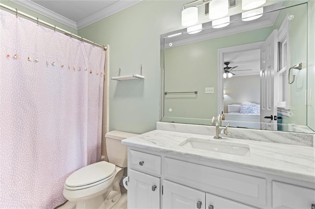 full bathroom featuring shower / bathtub combination with curtain, vanity, toilet, ceiling fan, and crown molding