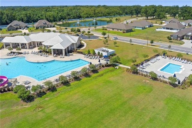 drone / aerial view featuring a water view