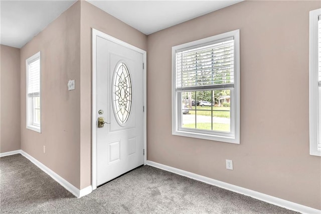 foyer featuring plenty of natural light, baseboards, and carpet