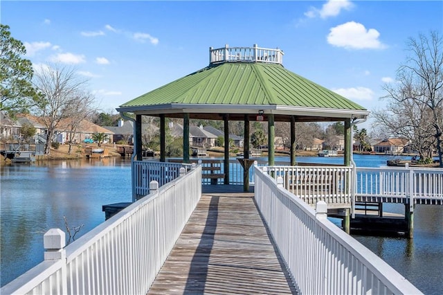 dock area featuring a water view and a gazebo