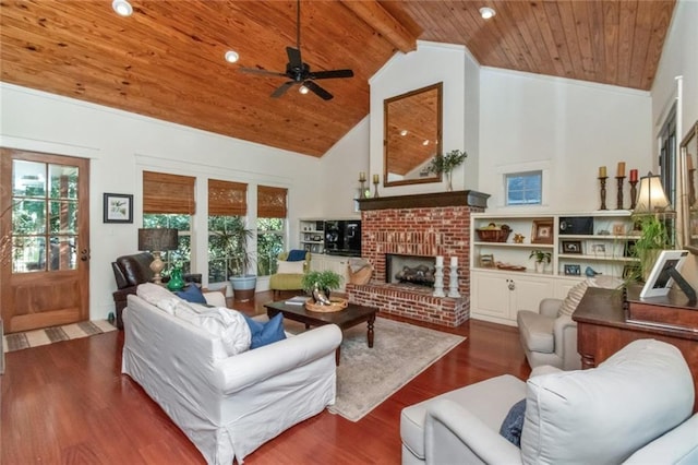 living room featuring ceiling fan, wooden ceiling, high vaulted ceiling, dark hardwood / wood-style floors, and a fireplace