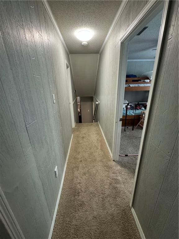 hall with carpet floors, a textured ceiling, and wood walls