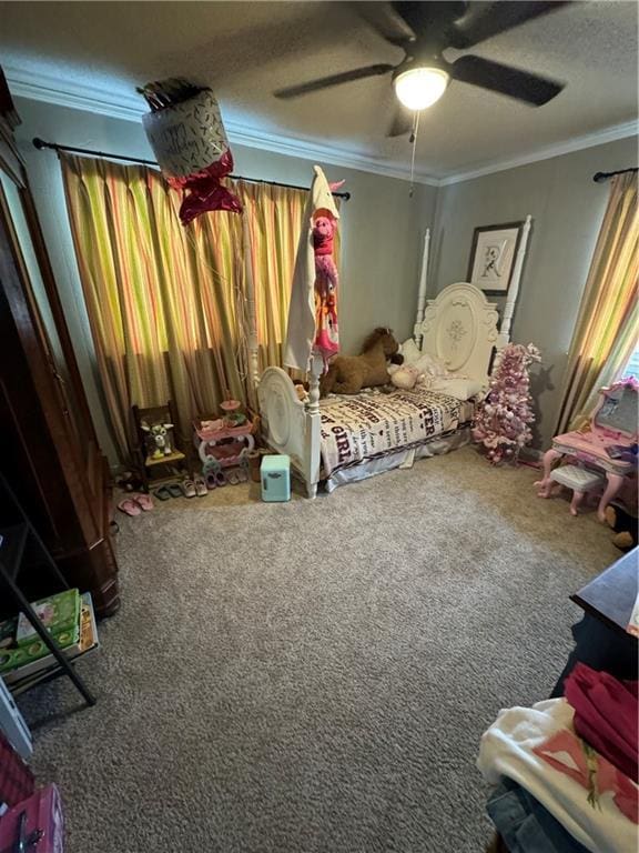 bedroom featuring ornamental molding, carpet flooring, a textured ceiling, and ceiling fan