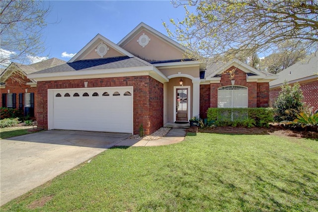 view of front facade with an attached garage, brick siding, a front lawn, driveway, and a shingled roof