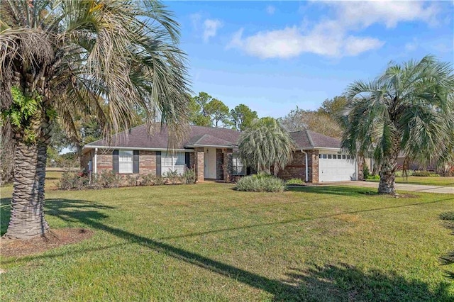 single story home featuring a front yard and a garage