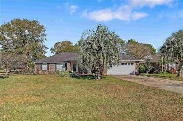 single story home with a front yard and a garage