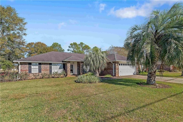 ranch-style house with a garage and a front lawn